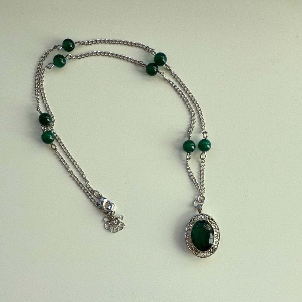 Silver and Green Gemstone Necklace